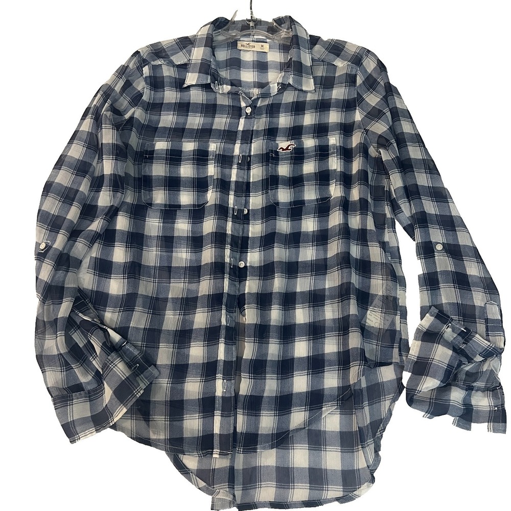 Hollister Sheer Plaid Button Up Shirt M Navy White Long Sleeve Pocket Blouse